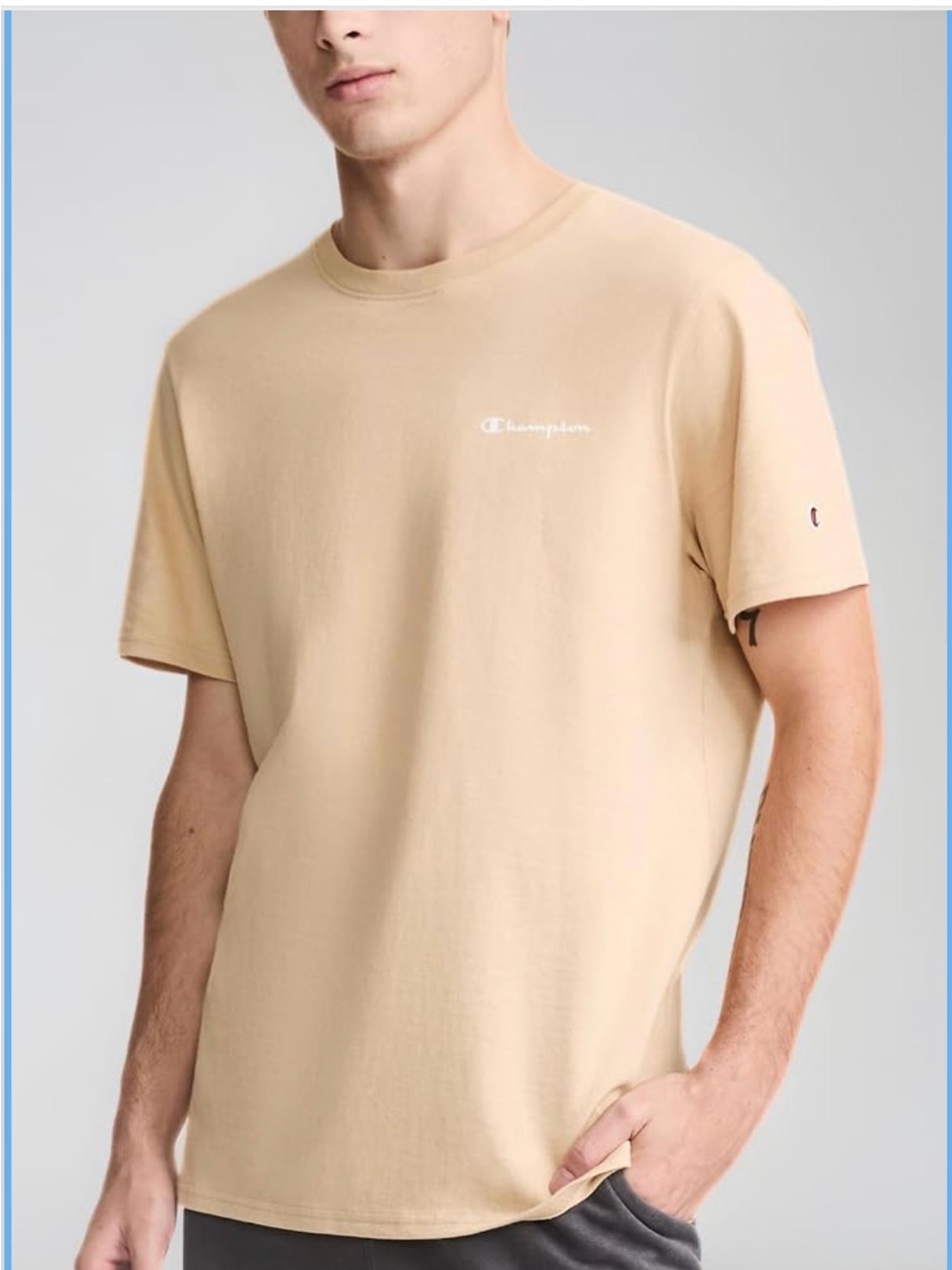 Champion Beige Crewneck Short Sleeve T-Shirt with White Script Logo